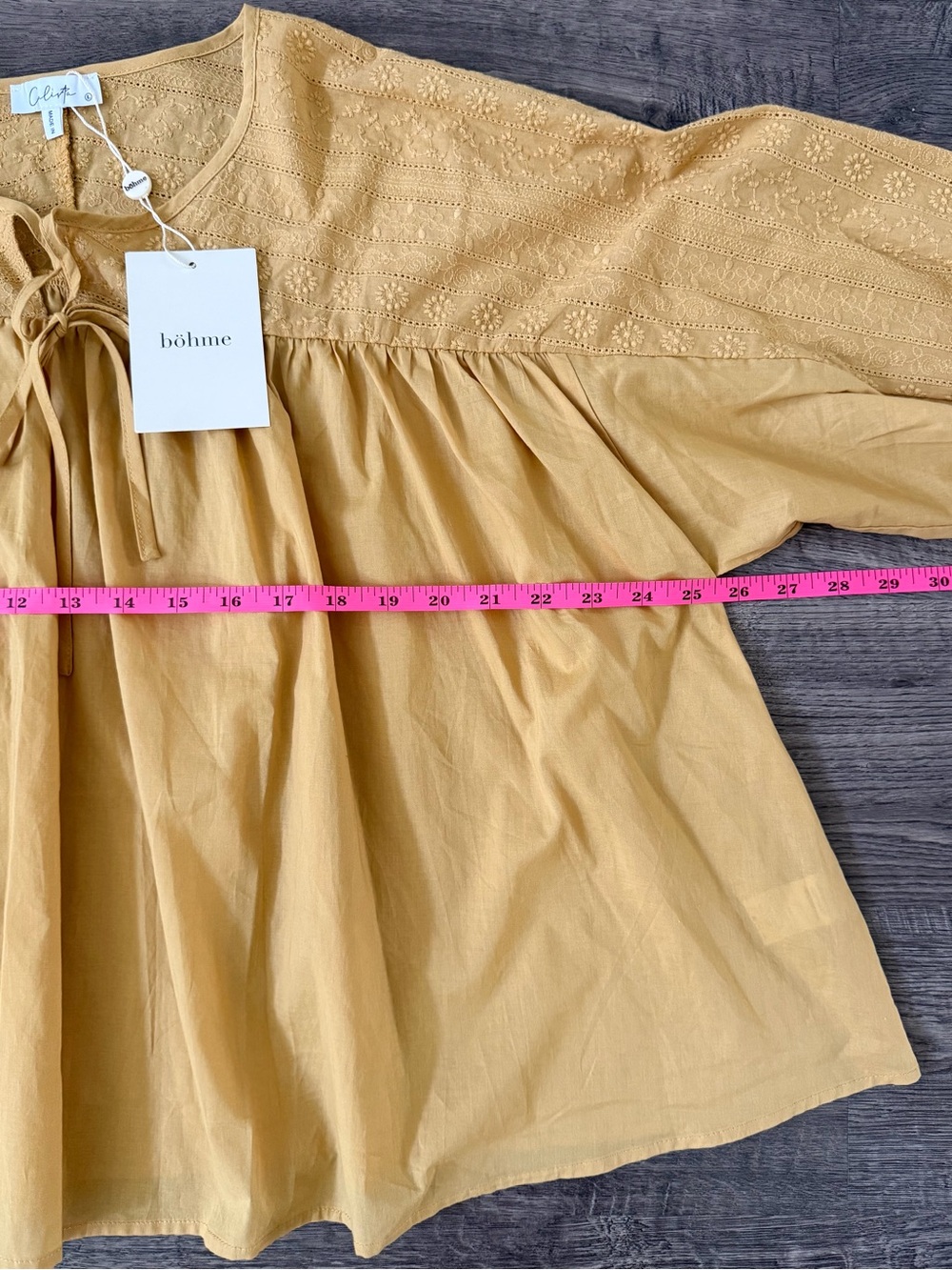 Bohme Womens Mustard Embroidered Peasant Top Size L Cotton Babydoll Boho NWT - Picture 7 of 9